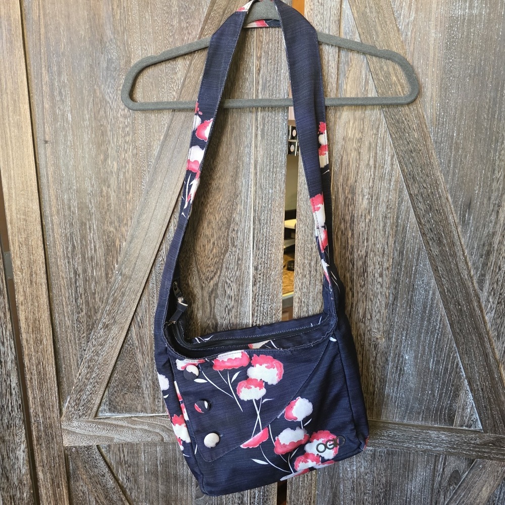 Ogio Bag Navy Blue Floral Crossbody Purse Travel Pockets 13" x 9" Zipper Closure